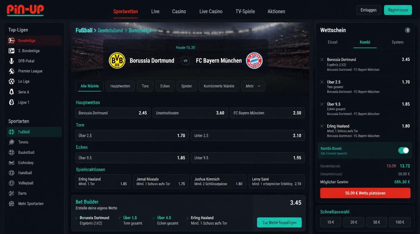 Bet Builder-Interface mit verschlungenen Märkten, Wettschein-Darstellung auf Deutsch, Kontext Bundesliga