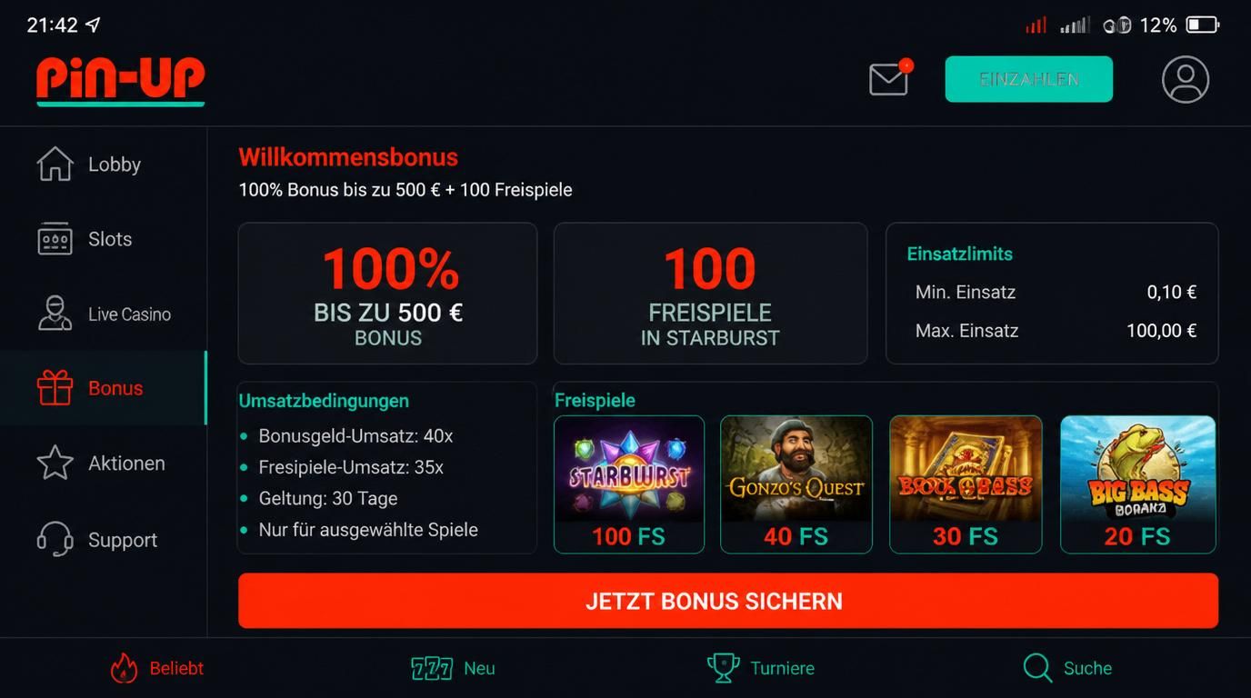 Ansicht einer Bonus-Detailseite, Wager %, Freispiele, kleines Slot-Layout, Datenverbrauchsanzeige