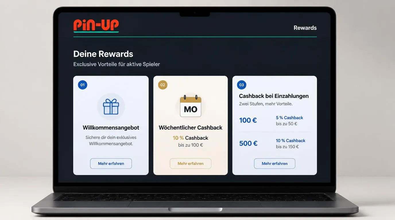 Übersicht mit wöchentlichem Cashback und zwei Einzahlungsstufen für Casino-Prämien