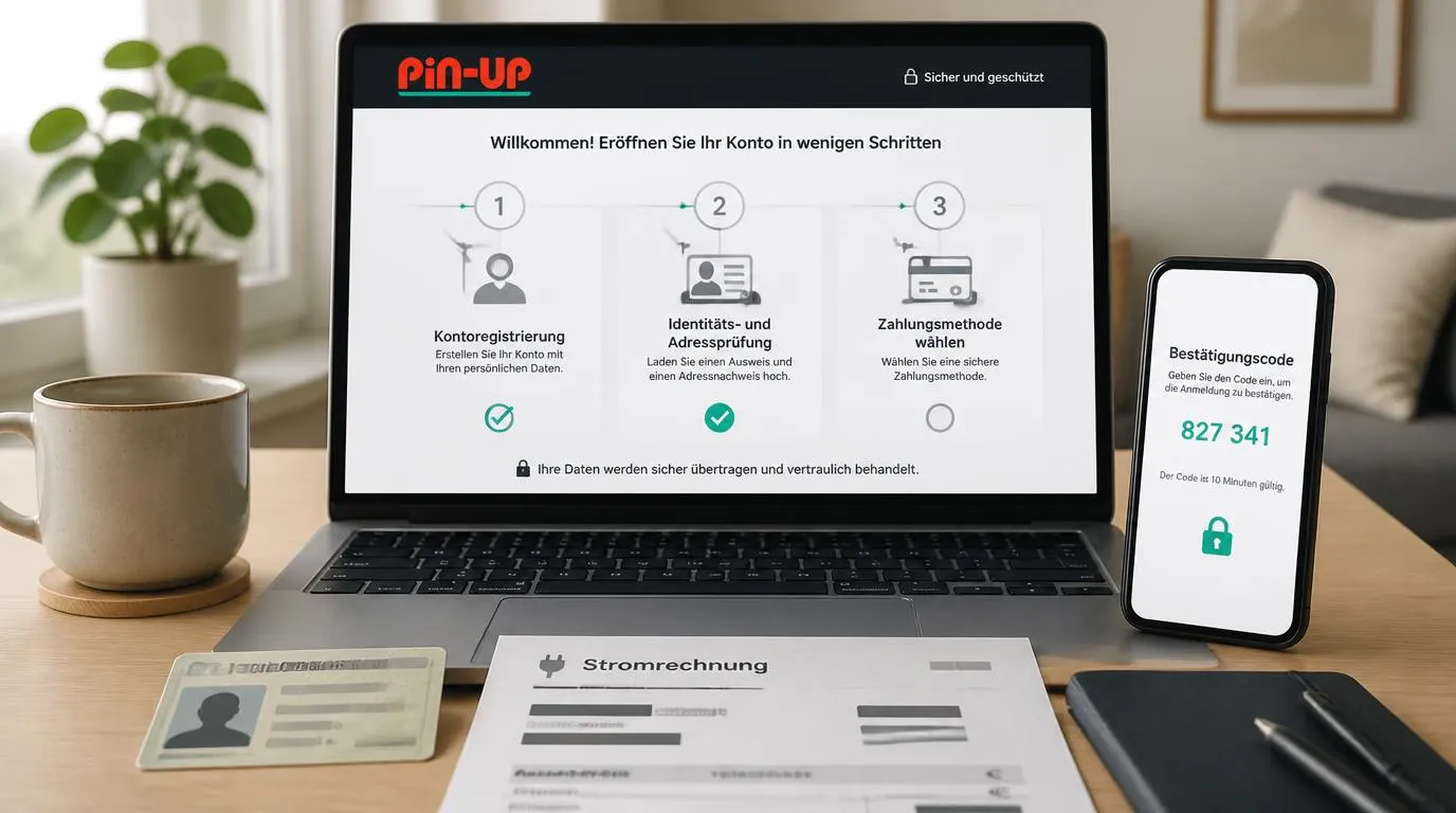 Laptop mit Registrierungsformular, Ausweisprüfung und Auswahl einer Einzahlungsmethode
