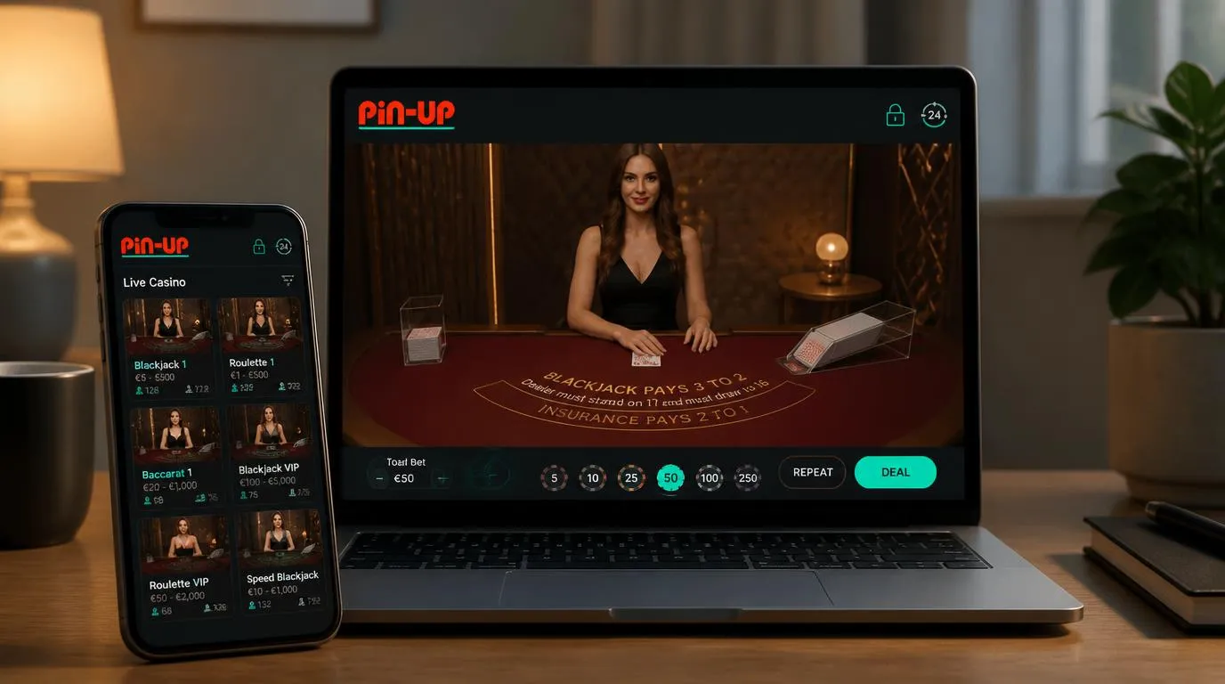 Smartphone mit Live-Casino-Lobby, Tischlimits und Videobild eines Dealers neben einem Laptop